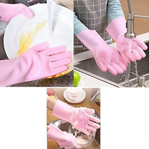 Pair of Silicone Washing Full Finger Gloves For Home & Kitchen (Random Colors)
